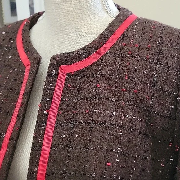 Tara Ryan brown black red textured skirt set red grosgrain ribbon trim 10 EUC - Picture 2 of 9